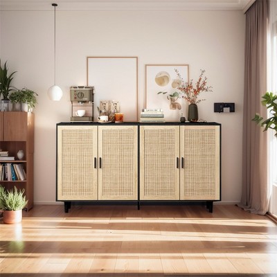 62.20"Rattan Storage Cabinet, Modern Wooden Buffet Cabinet With 4 Doors Adjustable Shelves, Accent Sideboard Storage Cabinet For Living Room Hallway