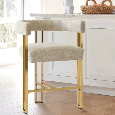 Chenille Counter Height Bar Stools,Boasting Curved Frame Armrest & Gold Metal Leg Midbar Chair For Dining Room, Kitchen Island-Tanpinhause