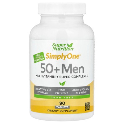 Super Nutrition Simply One, Men's 50+ Multivitamin with Super Adaptogens, Greens, Spices, & Antioxidant, Iron Free, 90 Tablets