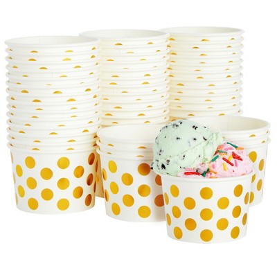Blue Panda 50 Pack Paper Ice Cream Cups for Frozen Yogurt, Disposable Dessert Bowls with Gold Foil Polka Dots, 8 oz