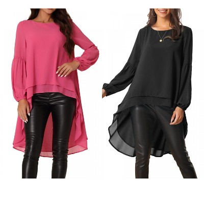 INSPIRE CHIC Women's Lantern Long Sleeve Round Neck High Low Irregular Hem Casual Blouse 2 Packs