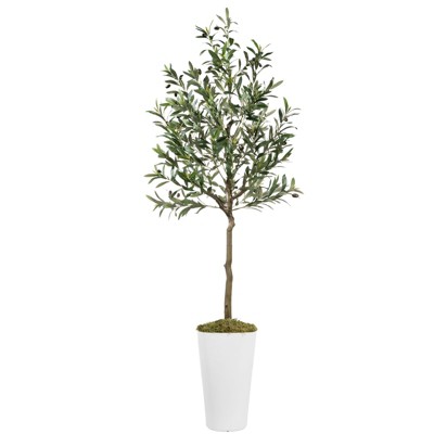 Vitalismo 5-7ft Artificial Olive Tree with White Planter Realistic Faux Olive Trees with Realistics Moss Indoor Outdoor Decor