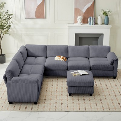 Hyleory 115" Corduroy Oversized Modular Sectional Sofa, U Shaped Couch with Movable Ottoman, Large 7 Seater Corner Sofa for Living Room
