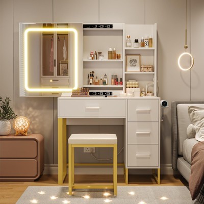 LED Lighted Vanity Desk with Power Outlets & Stool - Modern Makeup Vanity Set with 4 Drawers
