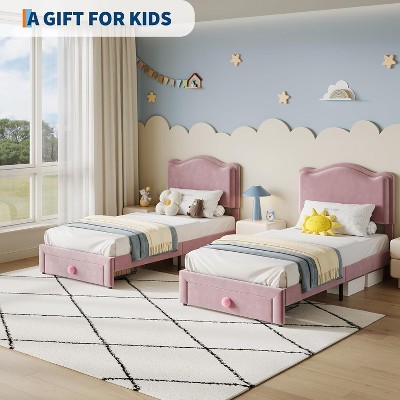 Pink Upholstered Twin Bed Frame with Scallop Headboard & Storage Drawer, Platform Bed with Wooden Slats, No Box Spring Needed