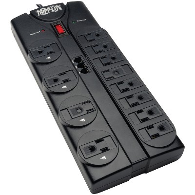 Tripp Lite 12-AC Outlet and Telco, Protect It!® Surge Protector Power Strip with Safety Covers, 8-Ft. Cord with Angled Plug, TLP1208TEL in Black