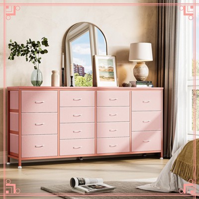 63" Wide Dresser with 14 Fabric Drawers, Built-In USB Ports, Multi-Functional Storage Unit for TV, Bedroom, Living Room, or Office