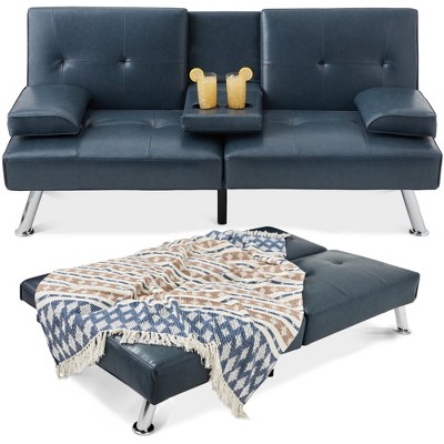 Best Choice Products Modern Faux Leather Convertible Futon Sofa w/ Removable Armrests, 2 Cupholders