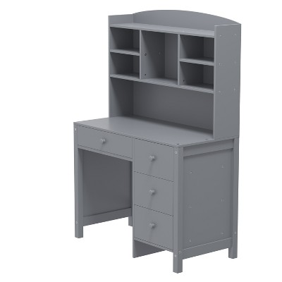 Gulches Vintage 40inch Gray Home Executive Desk Upholstered Chair Set with Bookshelf 4 Drawers Storage Shelf Office Study Desk