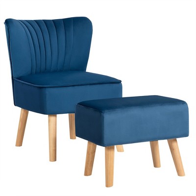 Costway Leisure Chair and Ottoman Thick Padded Velvet Tufted Sofa Set w/ Wood Legs Pink\Blue\ Green