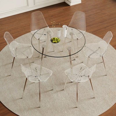 KWPZQEB 38.6" Round Dining Table & Chairs, Dining Table with Tempered Glass & Metal Legs, Paried with Plastic Chairs for Kitchen, Dining Room