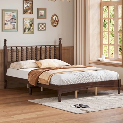 TiramisuBest Queen Size Wood Platform Bed, Gourd Headboard, Retro Walnut