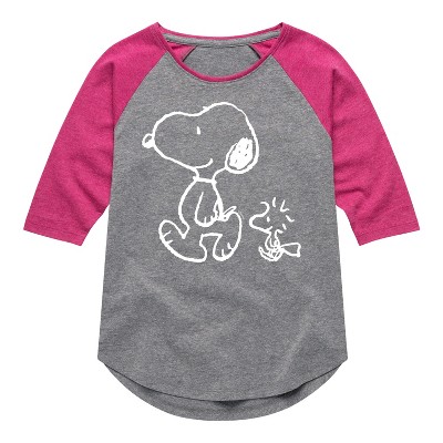 Girls' - Peanuts - I'll Follow You Snoopy & Woodstock Shirt Tail Raglan Graphic T-shirt