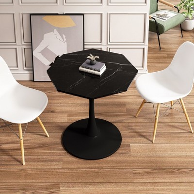 Damerin 31.50 Inch Octagonal Coffee Table With Marble Tabletop Metal Base-Black