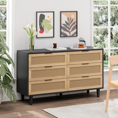 6-Drawer Rattan Dresser, Storage Cabinet with White Drawer Slides for Living Room and Bedroom 4W - ModernLuxe