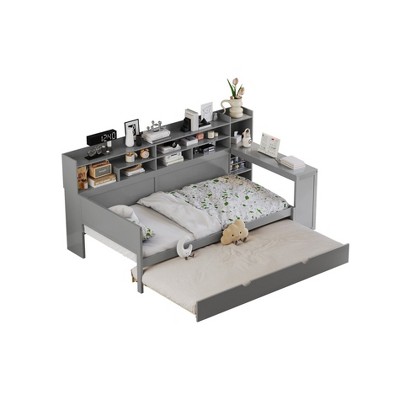 Sevobal Beds Wooden Twin Size Daybed with Storage Drawers Shelves Trundle and Study Desk for Bedroom and Study Spaces, Gray, 91.3"*49.9"*44.9"