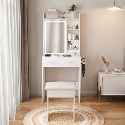 Kumasinova Makeup Vanity Desk with Adjustable LED Lights & Mirror,Small Vanity Table with Built-in Outlets,Dressing Table with Stool for Bedroom,White