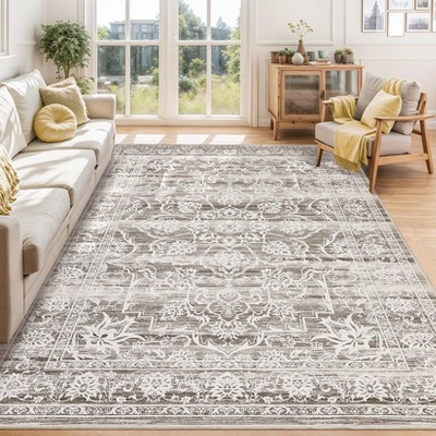 Soft Vintage Distressed Low Pile Large Washable Area Rug, Farmhouse Non-Slip Indoor Rugs for Living Room Bedroom