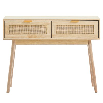 VEVOR Rattan Console Table with 2 Storage Drawers, Rattan Entryway Table with Natural Rattan Sliding Door, Console Sofa Table, Natural