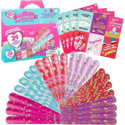 Valentines Day Slap Bracelets and Cards for Kids School Exchange (24pk) Each Gift Includes a Friendship Bracelet & Card - Enough for the Whole Class