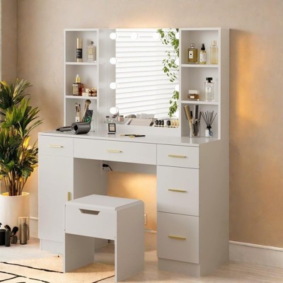 Makeup Vanity Desk with Mirror and LED Lights,Modern Dressing Table with Drawers & Adjustable Shelves