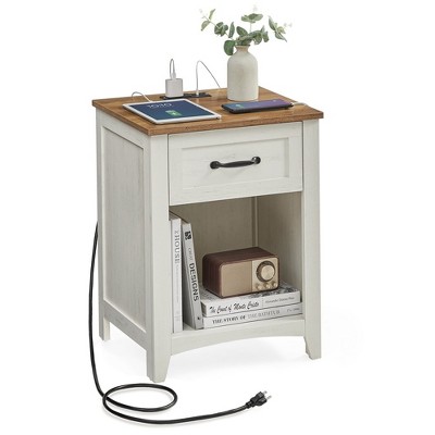 VASAGLE Farmhouse Nightstand with Charging Station, Bedside Table with Drawer for Bedroom