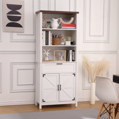 White Bookshelf, 72" Tall Bookshelf with Drawer, 3-Tier Adjustable Open Shelves, Large Bookcase with Door, Farmhouse Storage Cabinet for Office,Home