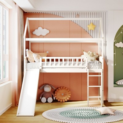 Twin Size Loft Bed with Slide and Guardrails, Wood Playhouse Loft Bed Frame for Kids with Ladder