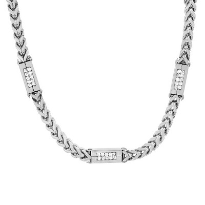 Steeltime Men's stainless steel wheat chain and simulated diamonds link necklace. Color Options: Silver, Gold