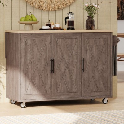 51.2" Geometric Twill Kitchen Island with Drop Leaf, Rolling Storage & Towel Rack for Farmhouse Kitchens