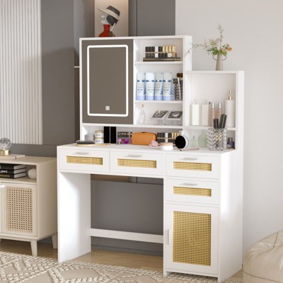 Cabinas 42.9" Vanity with Lights Rattan Makeup Vanity Desk with Mirror and Lights Modern Vanity Small for Bedroom