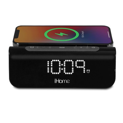 iHome Alarm Clock with Wireless Charger and USB Charging – Black/Gray (iW23BG)
