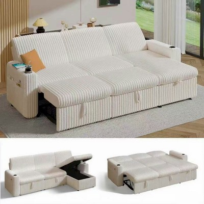 Vipbear 101'' Sectional Sleeper Sofa Bed with Pull Out Bed, with Reclining Backrest/Two Pull Out Beds/USB Ports/Cup Holders, Plush Corduroy