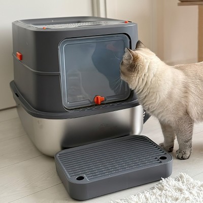 Artloge Extra Large Enclosed Stainless Steel Cat Litter Box High Side Anti-Leakage Pet Cat Toilet Front Entry Top Exit Box with Pedal Mat, Tray& Scoop