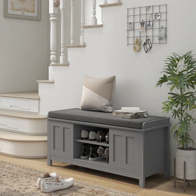 NicBex Modern Functional Storage Bench with Sliding Barn Doors,Shoe Rack Shoe Bench with Linen Cushion for Bedroom,Entrance