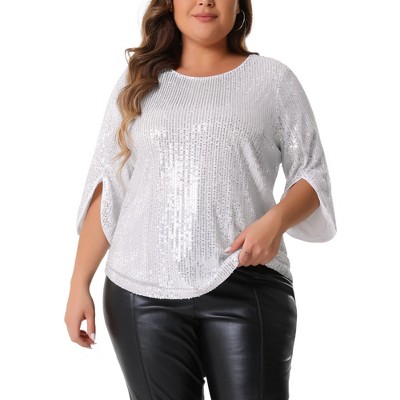 Agnes Orinda Women's Plus Size Christmas Parties Glitter Sequin 3/4 Slit Sleeve Crew Neck Blouse