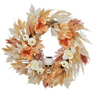24 Inch Halloween Wreath, Artificial Halloween Wreath with White Pumpkins Roses & Fall Maple Leaves, Indoor Outdoor Halloween Props Decoration