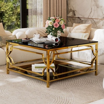 Kumasinova 33.5" Square Tempered Glass Coffee Table with Golden Metal Frame,2-Tier Luxury Center Table for Living Room,Decor Pcs,80lbs Max,Black