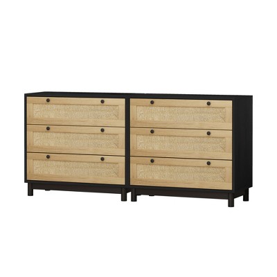 Tiramisubest Black Storage Cabinet with 3 Rope Woven Drawers - Set of 2 Buffet Sideboards for Living Room