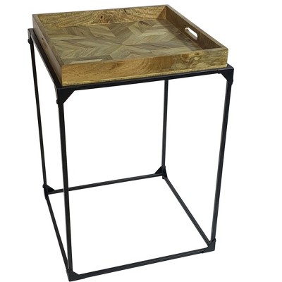 HomeRoots 29" Natural and Black Solid Wood and Iron Square Frame End Table
