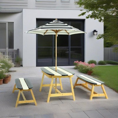 TopComfy Seating Sets Kids Picnic Table with Umbrella Outdoor Indoor Fun for Kid Room Living Room, Blue and White Stripes, 45.08"*25.79"*6.89"