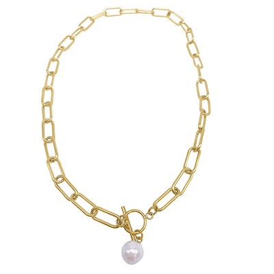 Adornia Tarnish Resistant 14k Gold Plated Paper Clip Toggle Necklace with Pearl