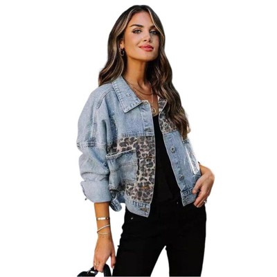 Coolmee Women's Denim Jean Jacket Button Down Distressed Leopard Washed Long Sleeve Ripped Jean Coat
