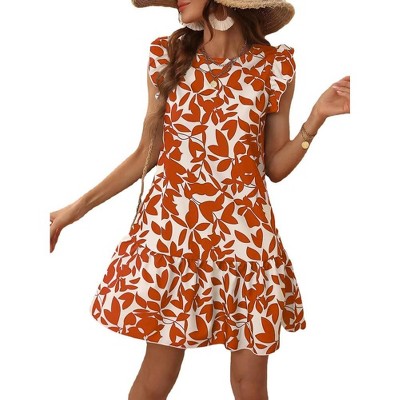 Coolmee Women Summer Mini Dress Ruffle Cap Sleeve Floral Print Crewneck Babydoll Short Sundress