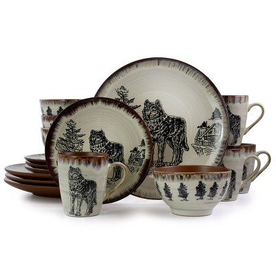 16pc Stoneware Majestic Wolf Dinnerware Set - Elama: Microwave & Dishwasher Safe, Service for 4, Animal Pattern