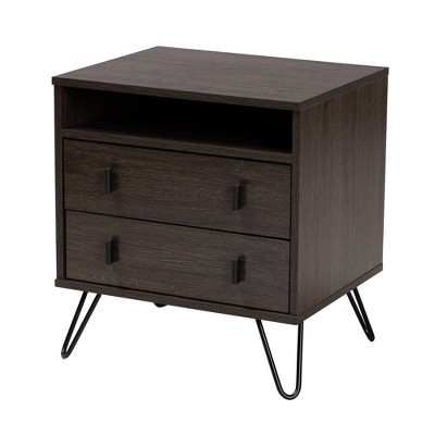 Glover Wood and Metal 2 Drawer Nightstand Brown/Black - Baxton Studio: Modern Bedside Furniture with Open Shelf