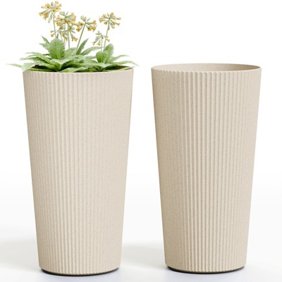 INFURNIC Planters Contemporary Home Styling 2Pcs Graceful Ribbed Plastic Tall Plant Containers Ideal for Apartment Gardeners, Beige, 13"*13"*23.6"
