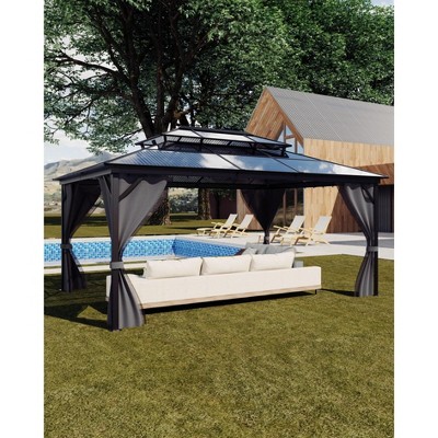 Hardtop Gazebo 10'x12' , Double Polycarbonate Sheets Roof, Aluminum Alloy Frame, Net, and Curtain, Permanent Building for Patio, Lawn, and Garden