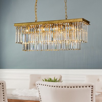 ALOADECOR 11-Light Antique Gold Modern Fringe Crystal Chandelier Rectangular Lighting Adjustable for Dining & Kitchen Areas