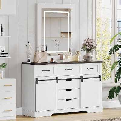 Acekool 6 Drawer White Dresser, Farmhouse Vanity Chest with Sliding Barn Doors, Makeup Organizer for Bedroom, Living Room